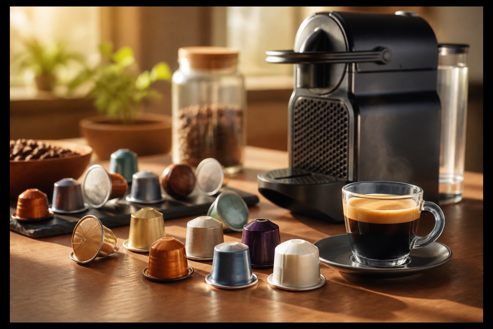Capsule di caffè senza marchio accanto a una tazzina espresso